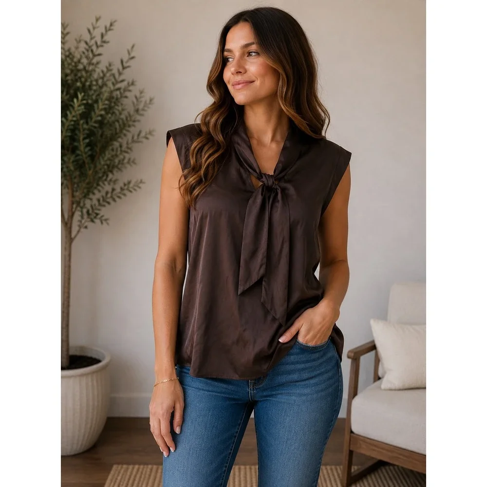 Veronica Beard Brown Silk Blend Tie Neck Sleeveless Top Blouse 2 2409FL5040909
